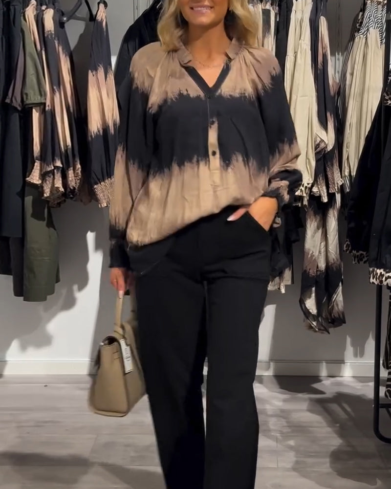 Vilma™ | Vintage colorblock V-hals blouse met knopen